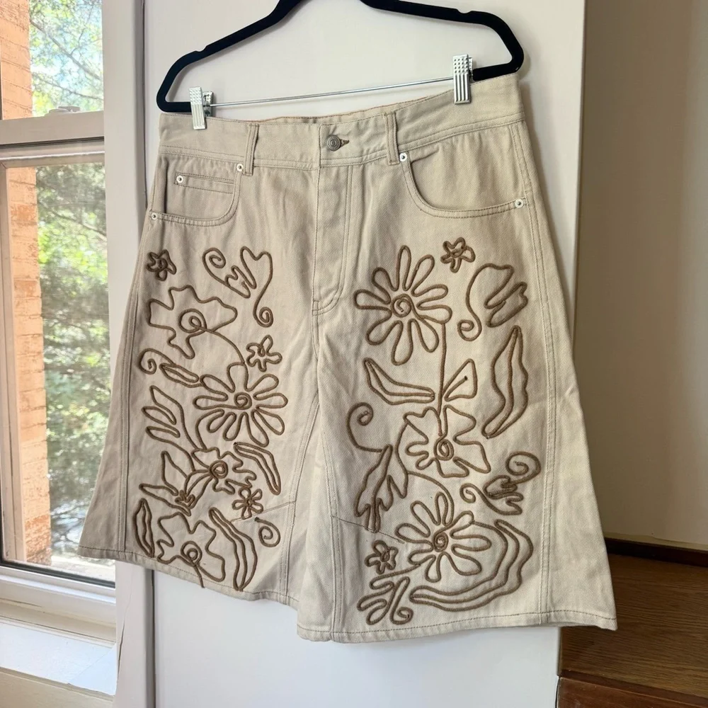 Free People Cruisin Soutache Long Jean Shorts Cream 32